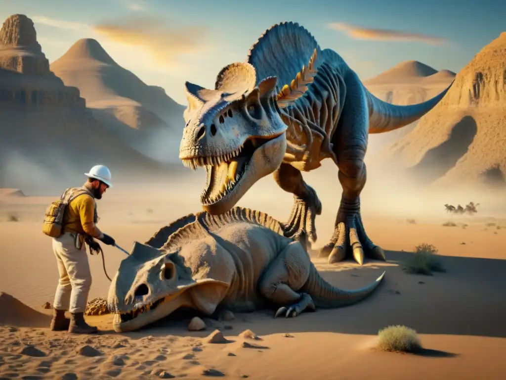 Excavación de fósil de T-Rex al atardecer Competencia científica fósiles dinosaurios: Equipo de paleontólogos excavando un fósil de T-Rex al atardecer en el desierto