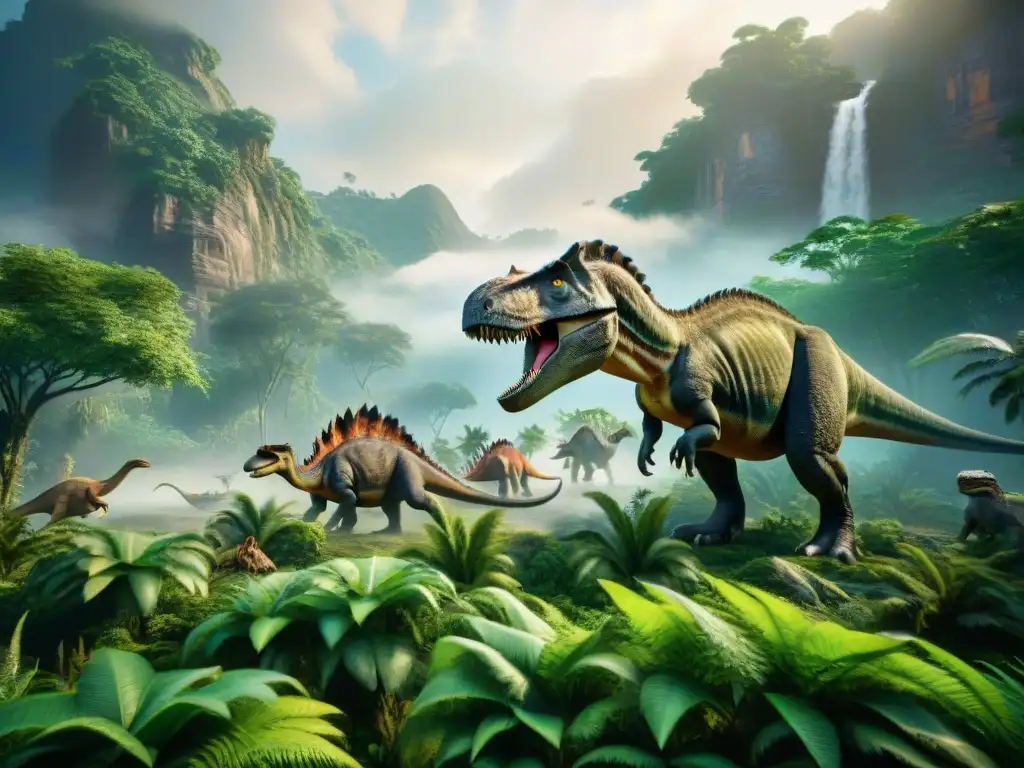 Competencia feroz por recursos entre dinosaurios en una jungla prehistórica densa y vibrante