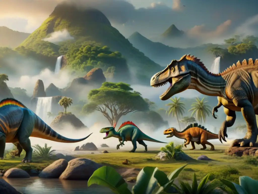 Competencia por recursos entre dinosaurios en un paisaje prehistórico detallado y realista