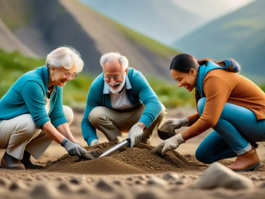 Excavación paleontológica comunitaria: Descubriendo juntos Una comunidad emocionada excavando fósiles en un yacimiento paleontológico