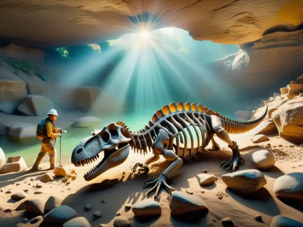Excavación paleontológica: descubriendo el pasado con precisión Conservacionistas en emocionante descubrimiento de dinosaurios en un paisaje prehistórico detallado