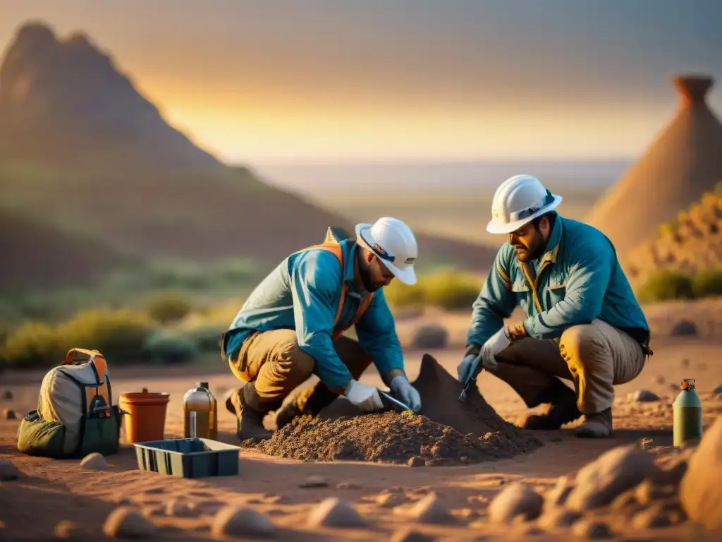 Excavación de fósiles de dinosaurios al atardecer Conservacionistas en una excavación de fósiles de dinosaurios al atardecer en una remota locación prehistórica