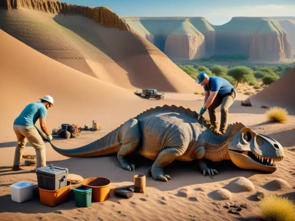 Excavación paleontológica: descubriendo el pasado prehistórico Conservacionistas desenterrando fósil de dinosaurio en paisaje prehistórico