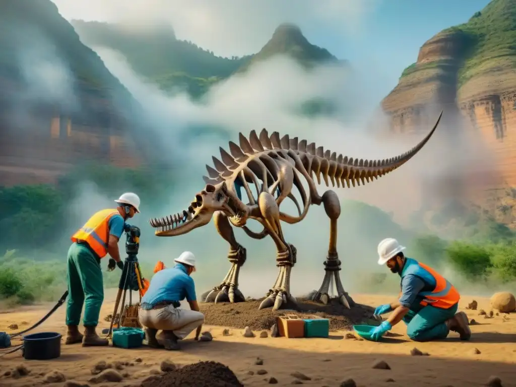Excavación de dinosaurios: paleontólogos dedicados en acción Conservacionistas de historia prehistórica desenterrando un esqueleto de dinosaurio, demostrando su dedicación