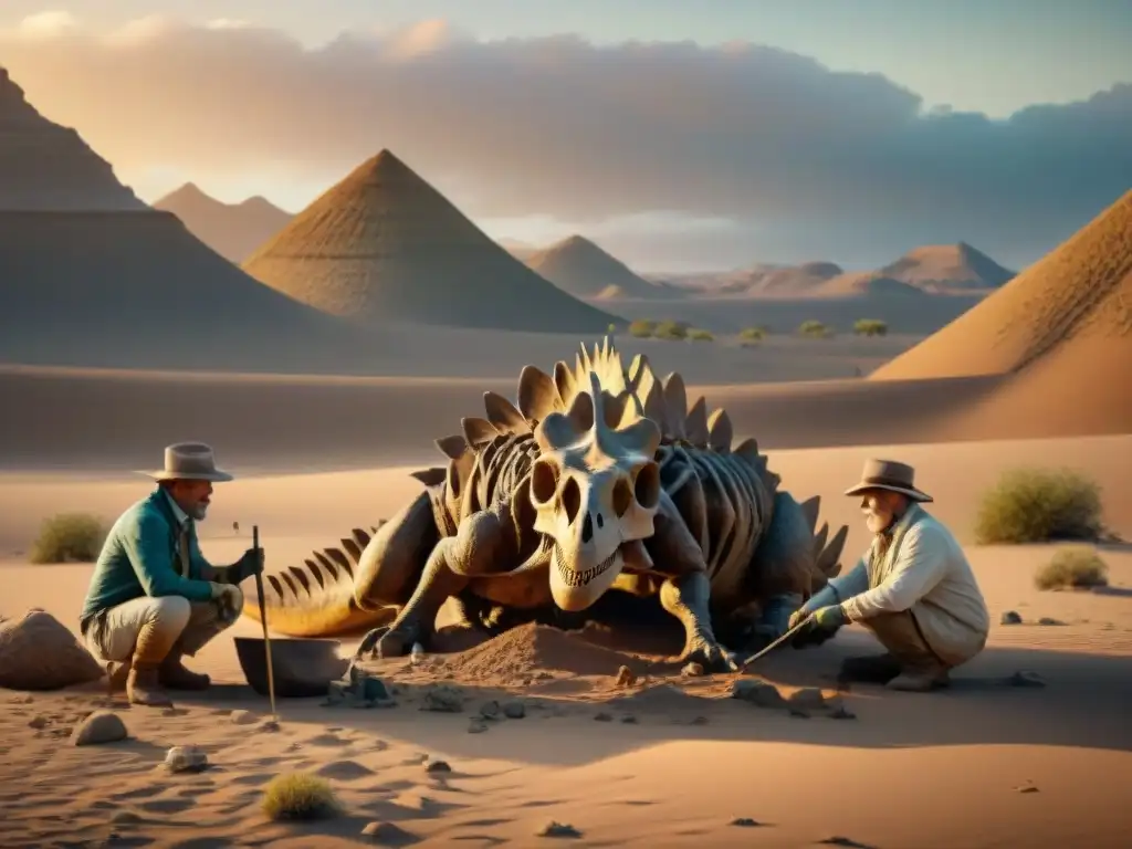 Excavación de dinosaurio al atardecer: conservacionistas en acción Conservacionistas descubriendo huesos de dinosaurio en un paisaje desértico remoto al atardecer