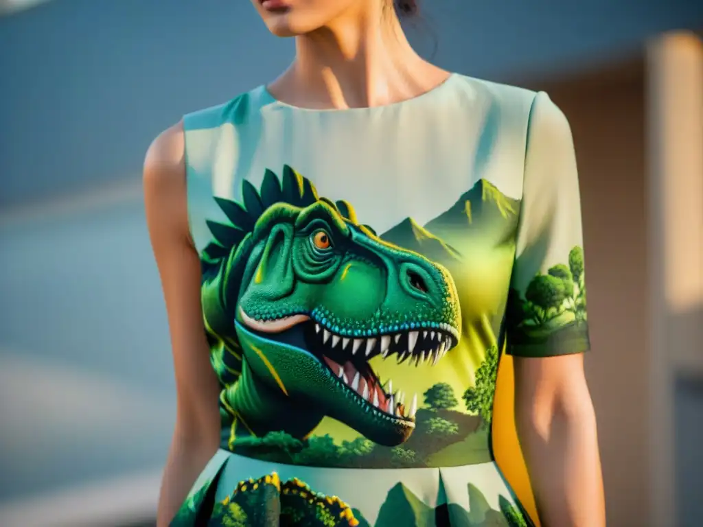 Vestido de moda con patrón de dinosaurio cosido a mano Una costurera hábil en un atelier de moda fusiona con destreza un diseño de tela inspirado en dinosaurios en un vestido moderno y chic, mostrando la moda inspirada en dinosaurios