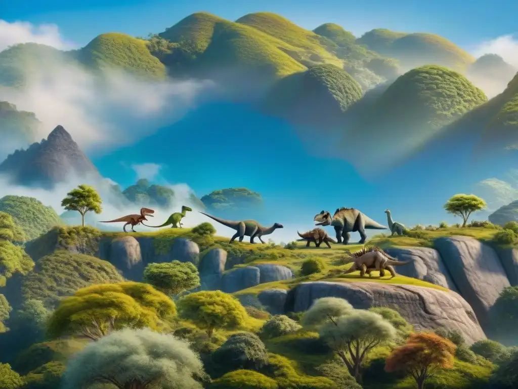 Mural prehistórico: Humanos y dinosaurios en armonía Una representación cultural de la convivencia entre dinosaurios y humanos en un paisaje prehistórico lleno de tradición