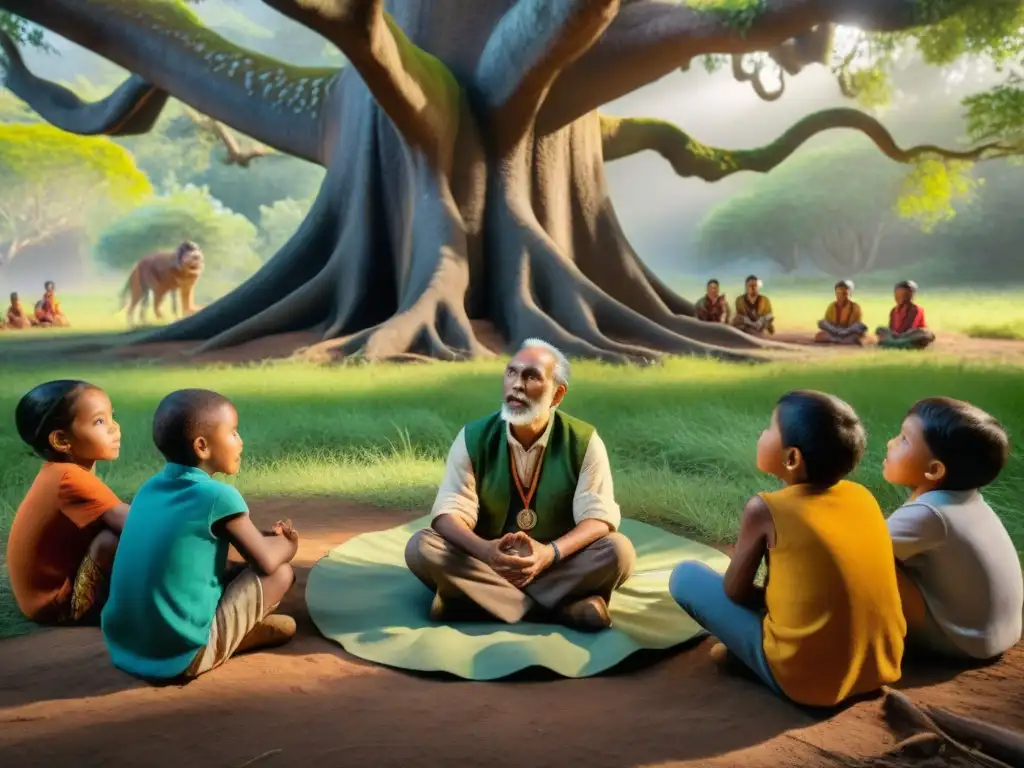 Narrador indígena cautiva a niños con historias de dinosaurios Representación cultural de dinosaurios: un anciano cuenta historias a niños bajo un árbol ancestral en la selva