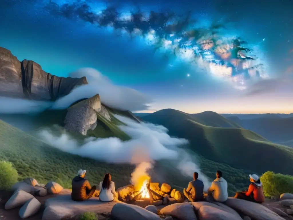 Mural ancestral: sabiduría de dinosaurios en acantilado Representación cultural de dinosaurios en tradición indígena, ancianos alrededor de fogata compartiendo historias bajo la Vía Láctea