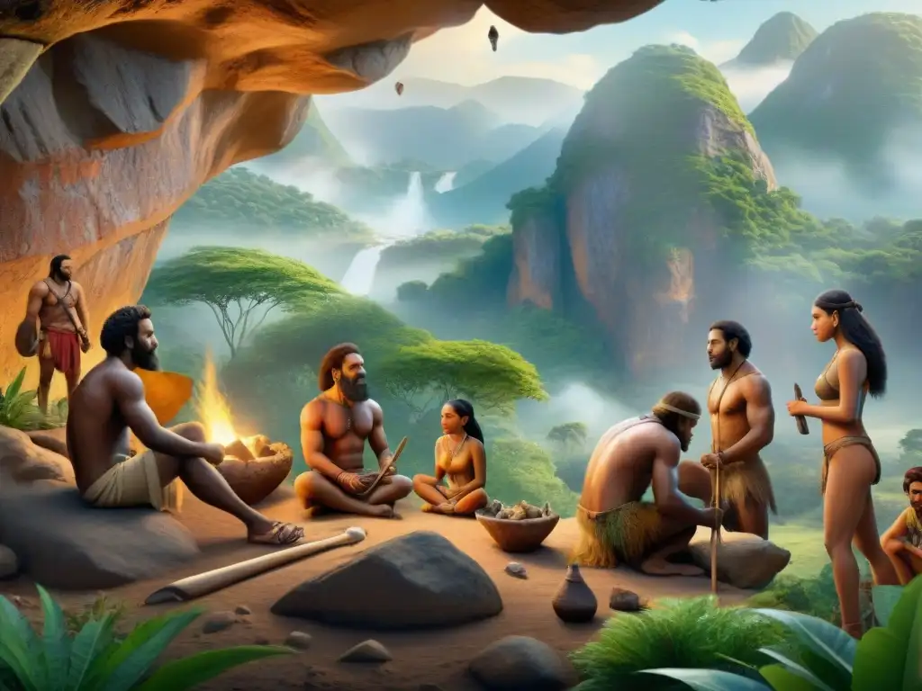 Pinturas rupestres y herramientas primitivas: vida paleolítica Paleoarte para representación cultural: Paleolíticos crean arte rupestre en paisaje prehistórico