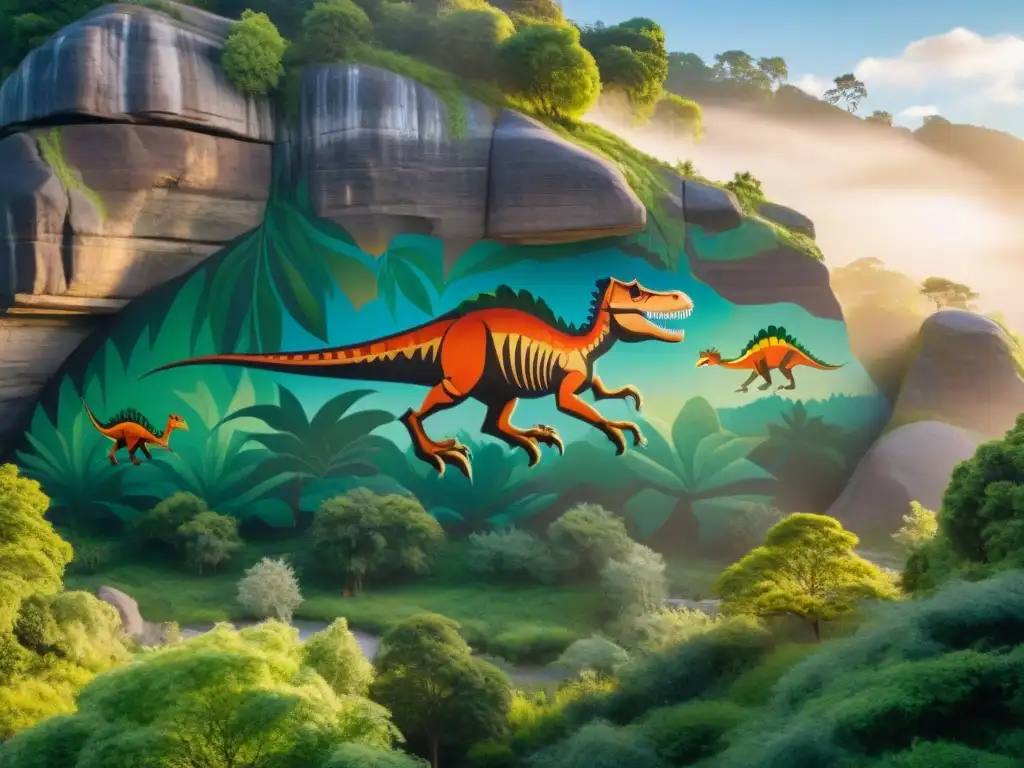Mural de dinosaurio y danza indígena en roca junto al río Una representación cultural única: mural vibrante de indígenas y dinosaurios en danza, fusionando tradición y prehistoria