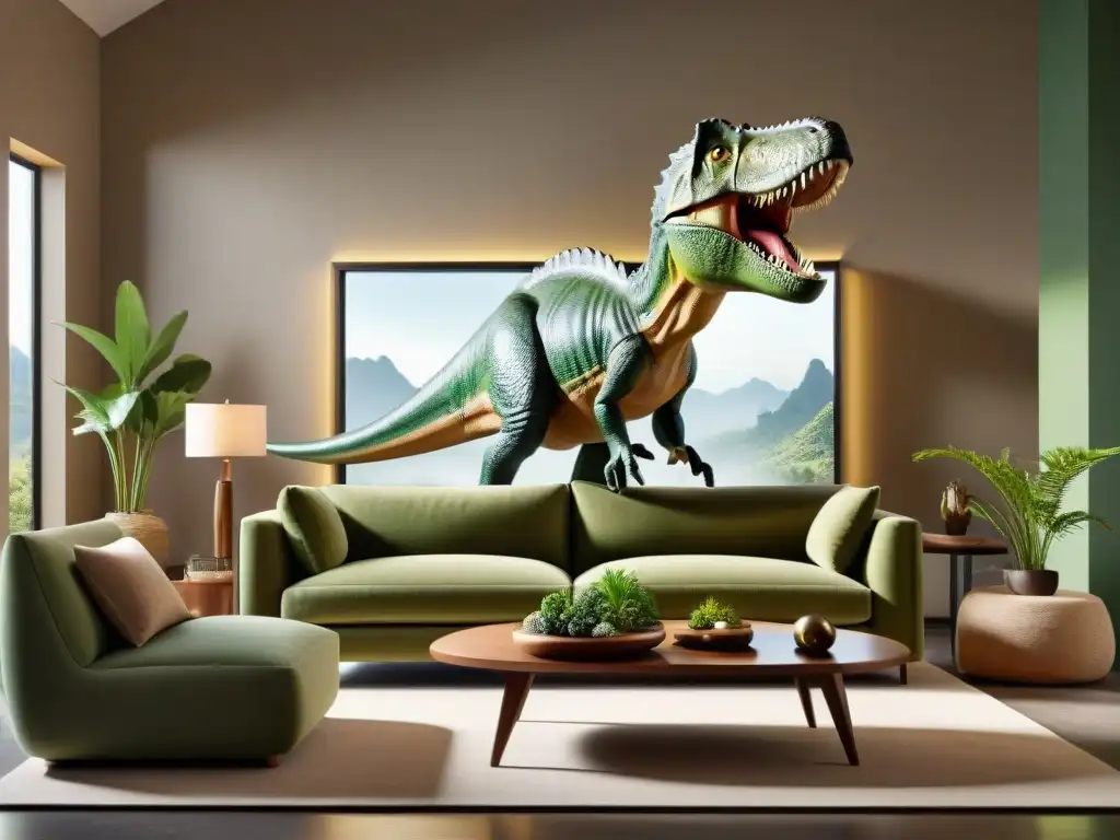 Una decoración jurásica en interiores modernos con muebles elegantes y esculturas realistas de dinosaurios