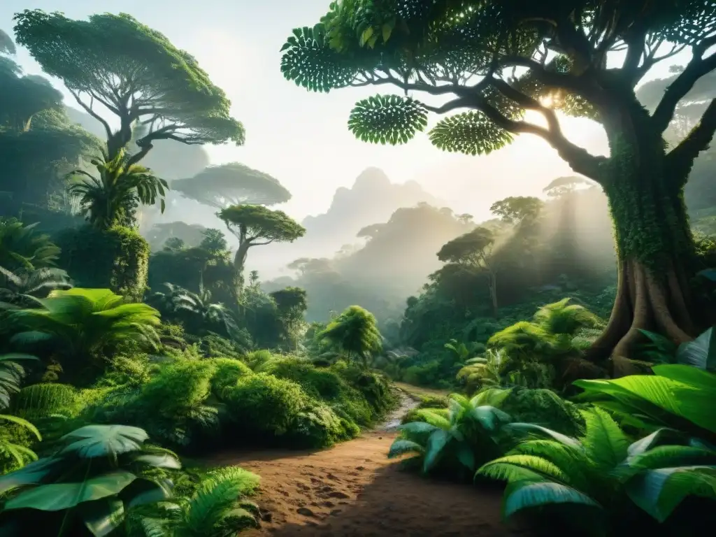 Descubre la densa selva de un videojuego de mundos perdidos, con árboles antiguos y fósiles de dinosaurios ocultos en la vegetación