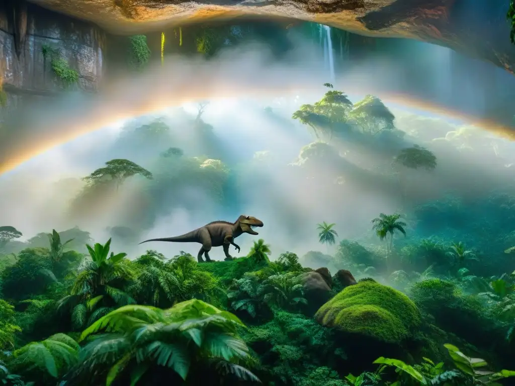 En el denso Amazonas, indígenas observan un mural de dinosaurios en la roca, fusionando mito y realidad