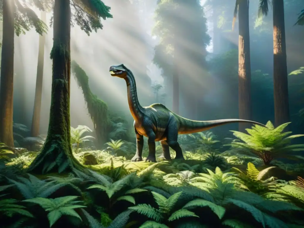 Evolución de hábitats jurásicos: Bosque denso con árboles antiguos, helechos, Brachiosaurus y Stegosaurus entre luces y sombras