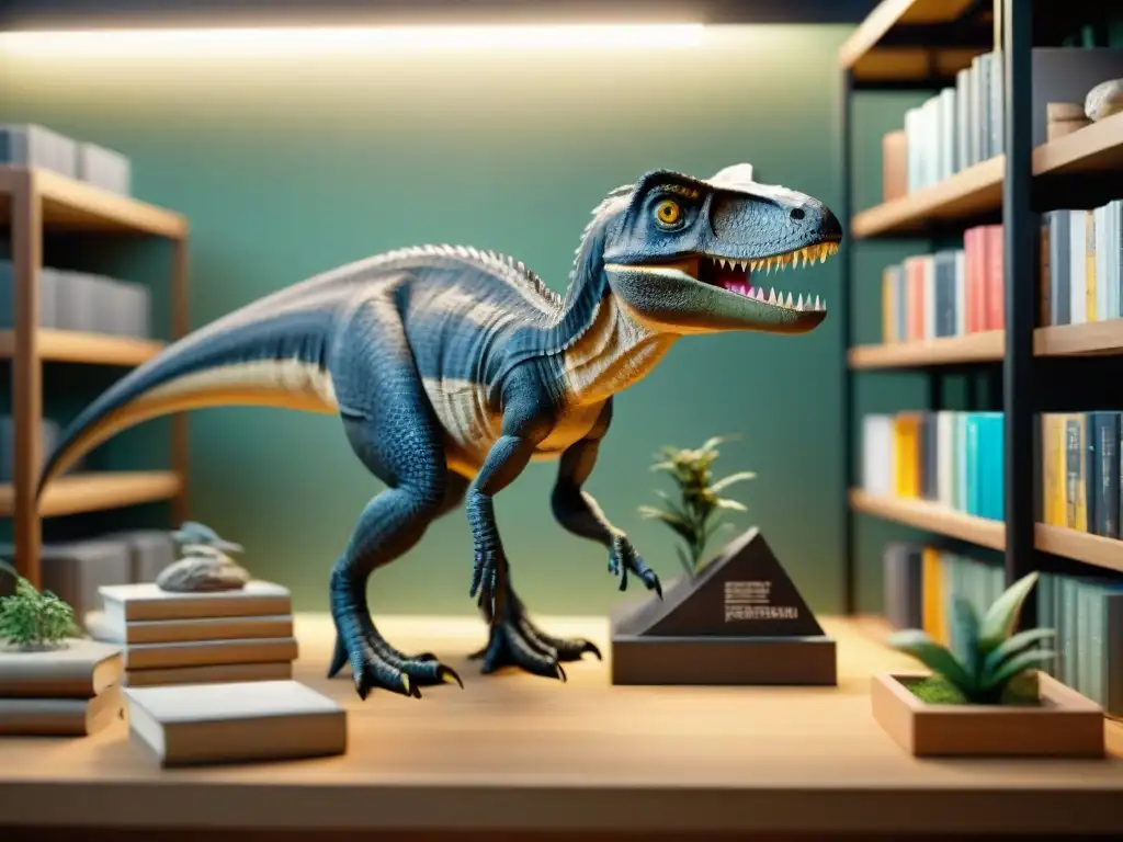 Esculpido digital de un Velociraptor: pasión paleontológica Un desarrollador de videojuegos esculpe con meticulosidad un realista Velociraptor en 3D, rodeado de libros y figuras de dinosaurios