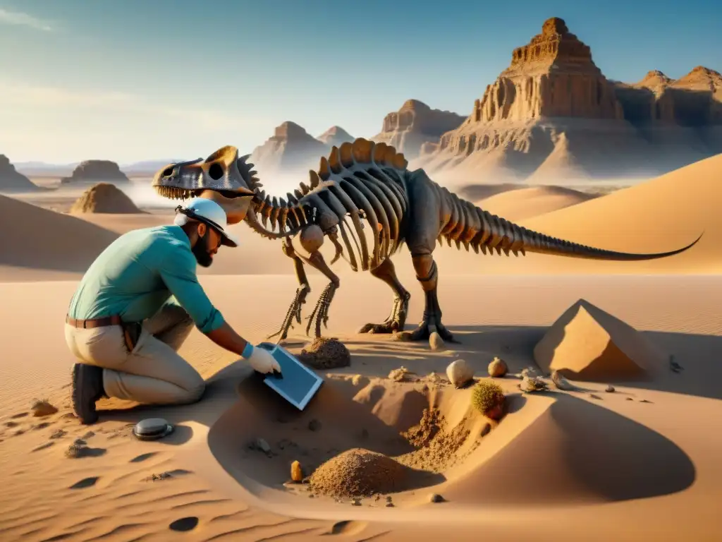 Equipo de paleontólogos descubriendo fósiles en el desierto Descubrimiento de dinosaurios en realidad aumentada en un desierto, paleontólogos excavando fósiles bajo el sol abrasador