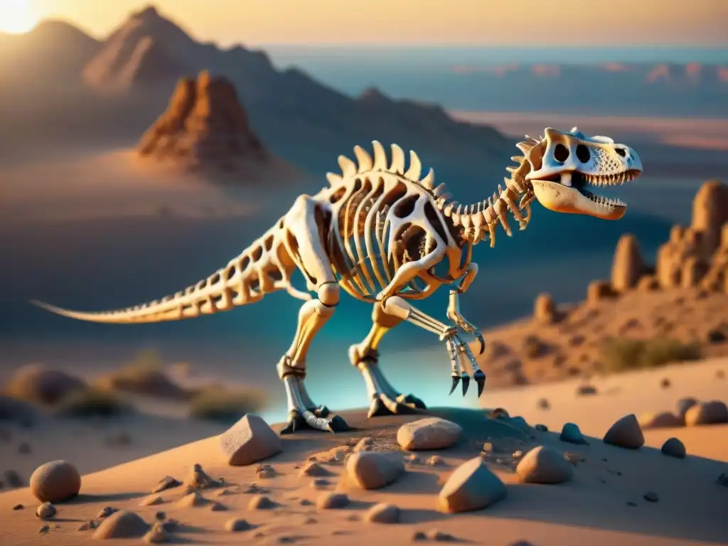 Descubriendo dinosaurios en realidad aumentada Descubrimiento de dinosaurios en realidad aumentada en el desierto al atardecer