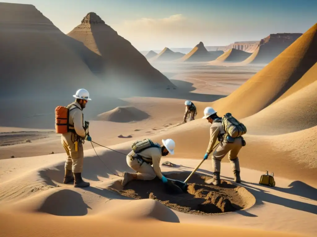 Excavación paleontológica en desierto: descubriendo fósiles antiguos Descubrimiento de fósiles en un desierto bajo el sol abrasador, paleontólogos excavando con cuidado en un paisaje árido