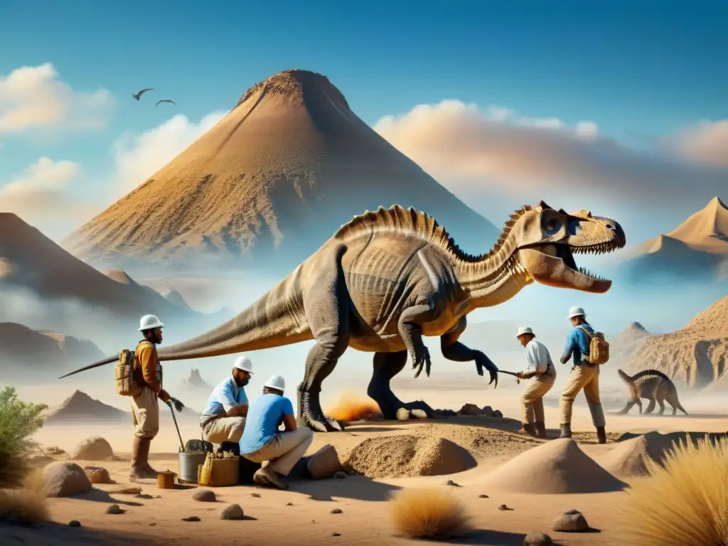 Descubrimiento paleontológico: equipo excava fósil de dinosaurio en 8k Descubrimiento paleontológico: equipo excava fósil de dinosaurio en terreno rocoso