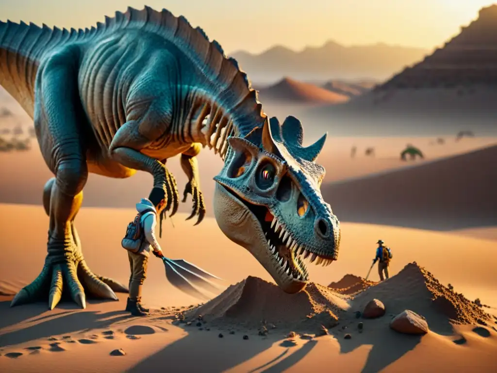 Descubrimiento paleontólogo excavando fósil dinosaurio al atardecer