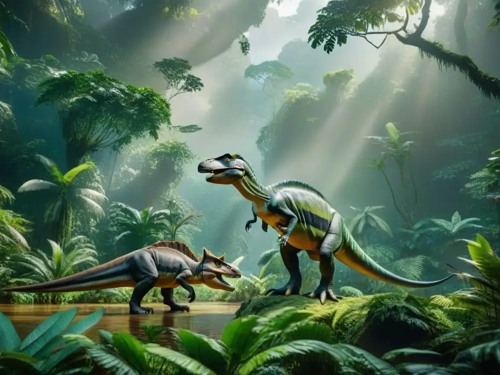 Jurassic Amazon: Bosque prehistórico lleno de vida Descubrimientos paleontológicos Amazonas Jurásico: Imagen detallada de exuberante selva amazónica con dinosaurios en escena jurásica