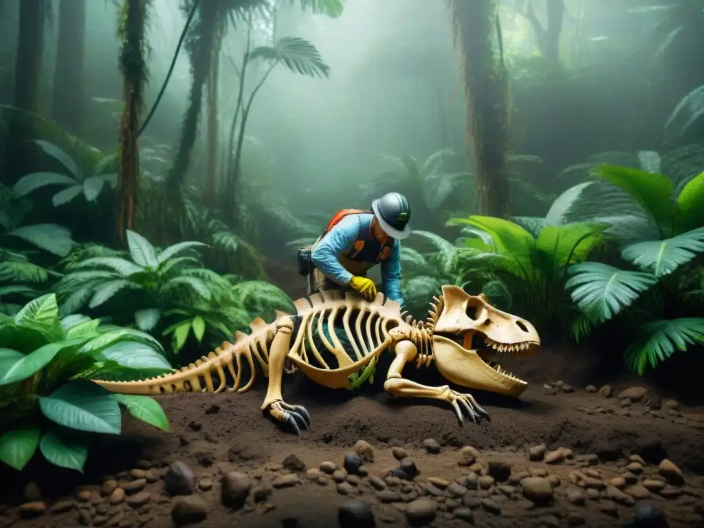 Excavación de dinosaurio en la selva amazónica: paleontólogos en acción Descubrimientos paleontológicos en la Amazonía: equipo de científicos excavando esqueleto de dinosaurio en la selva