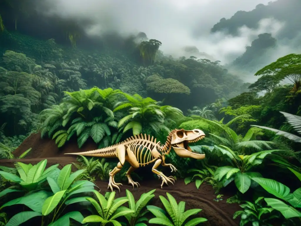 Excavación de fósil de dinosaurio en la Amazonia Descubrimientos paleontológicos en la Amazonia jurásica: equipo excavando fósiles en la selva exuberante