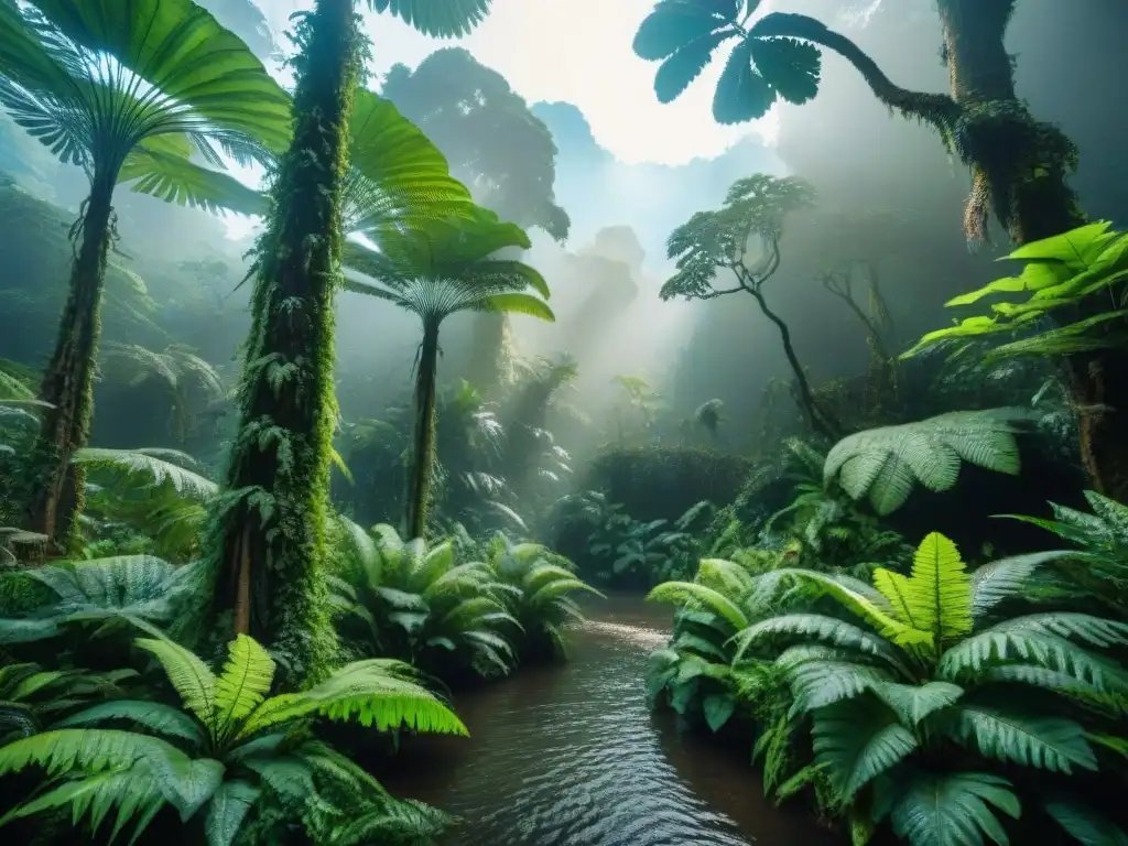 Selva jurásica: vida exuberante en la Amazonia Descubrimientos paleontológicos en la exuberante selva amazónica del Jurásico, con árboles antiguos, helechos gigantes y criaturas prehistóricas