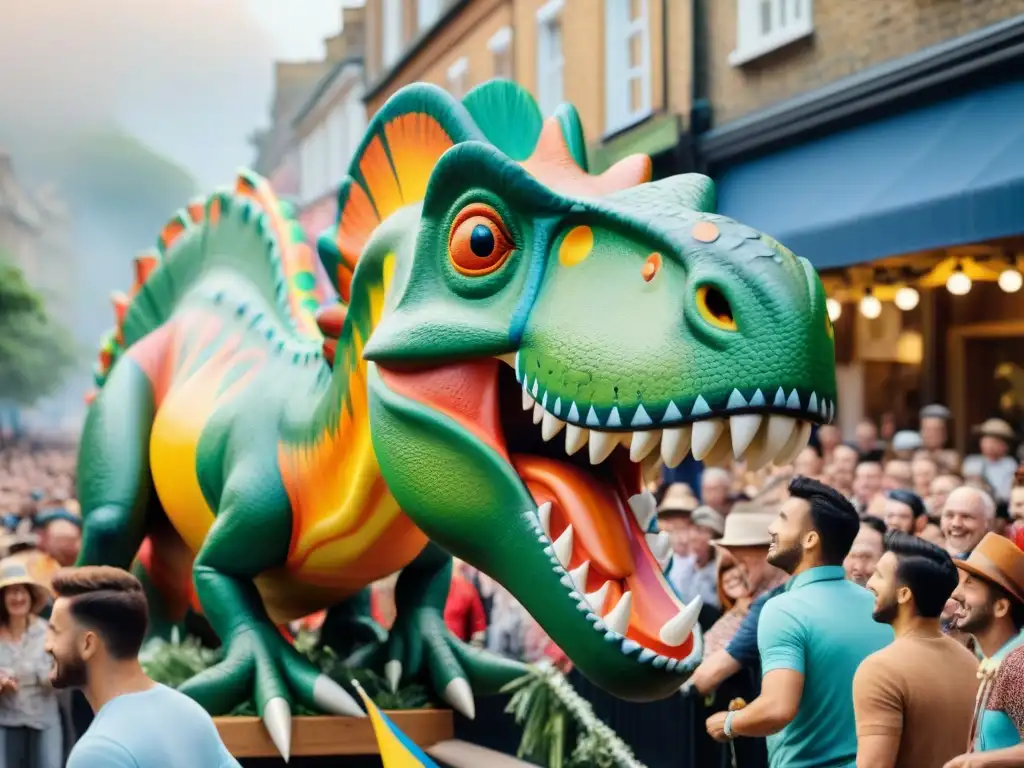 Desfile de dinosaurios: vibrante celebración en la calle Desfile callejero con carrozas de dinosaurios en celebraciones populares