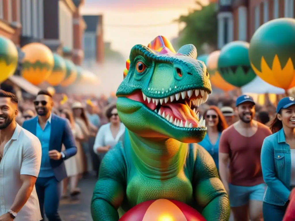 Desfile de dinosaurios: alegría y color en las calles Desfile de dinosaurios en celebraciones populares con carrozas y espectadores alegres