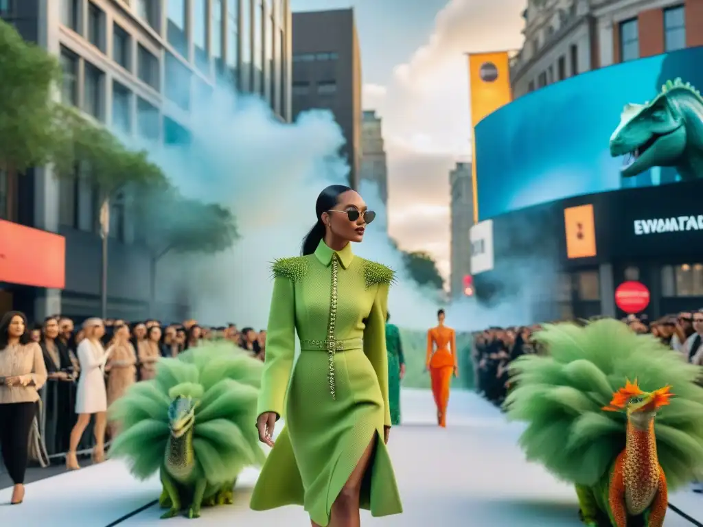 Desfile de moda: Fusión dinosauria en la ciudad moderna Desfile de moda con diseños inspirados en dinosaurios en la ciudad