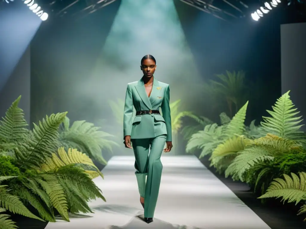 Desfile de moda futurista con inspiración dinosaurio Desfile de moda inspirada en dinosaurios con modelos en atuendos vanguardistas en una pasarela futurista