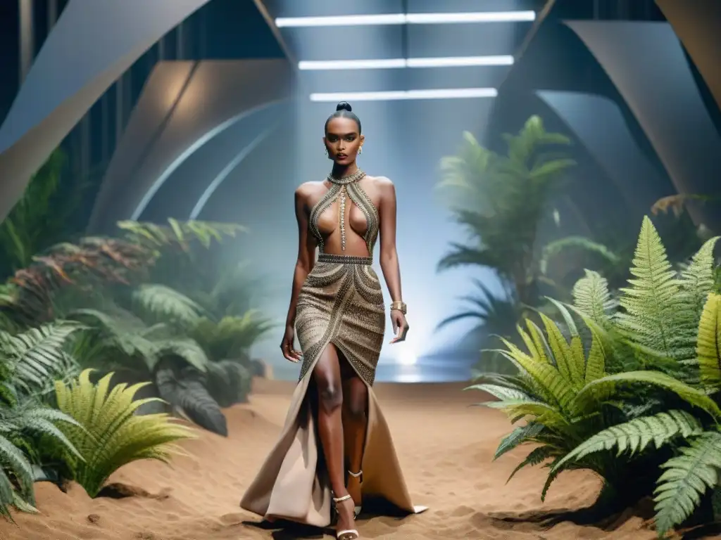 Desfile de moda: Fusión dinosaurio-couture en pasarela Desfile de moda inspirada en dinosaurios con modelos luciendo atuendos vanguardistas en una pasarela elegante