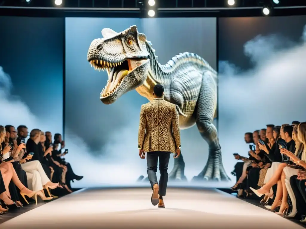 Desfile de moda: Fusión de dinosaurios y estilo contemporáneo Desfile de moda con modelos luciendo atuendos inspirados en dinosaurios, fusionando lo prehistórico con lo contemporáneo