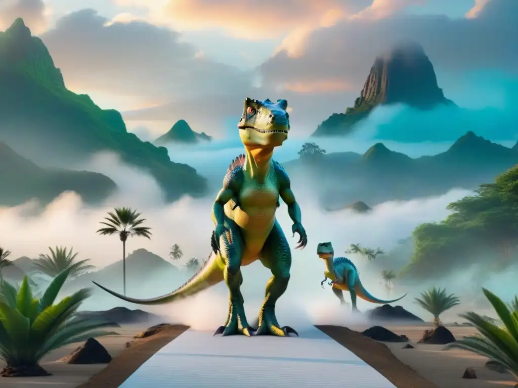 Dinofashion: Pasarela prehistórica de alta costura y diseño vanguardista Desfile de moda con temática de dinosaurios en la pasarela, fusionando historia y haute couture