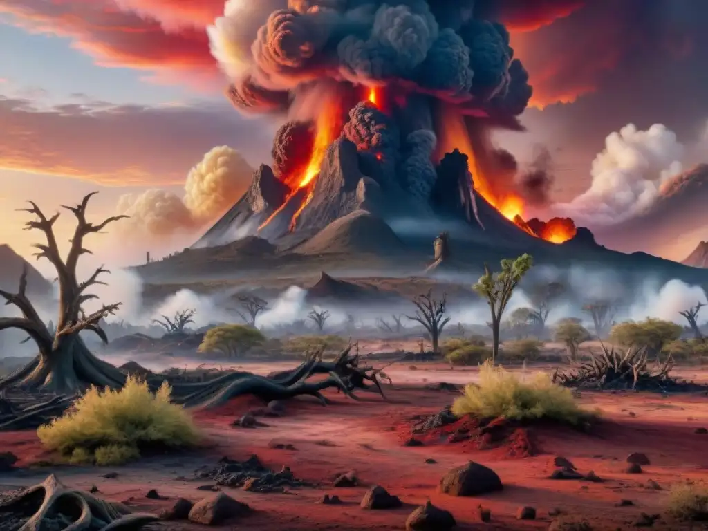 Extinción del Pérmico: Escena apocalíptica de desolación y caos Desgarradora recreación artística de la Extinción Pérmico: catástrofe climática con paisaje devastado y criaturas luchando por sobrevivir