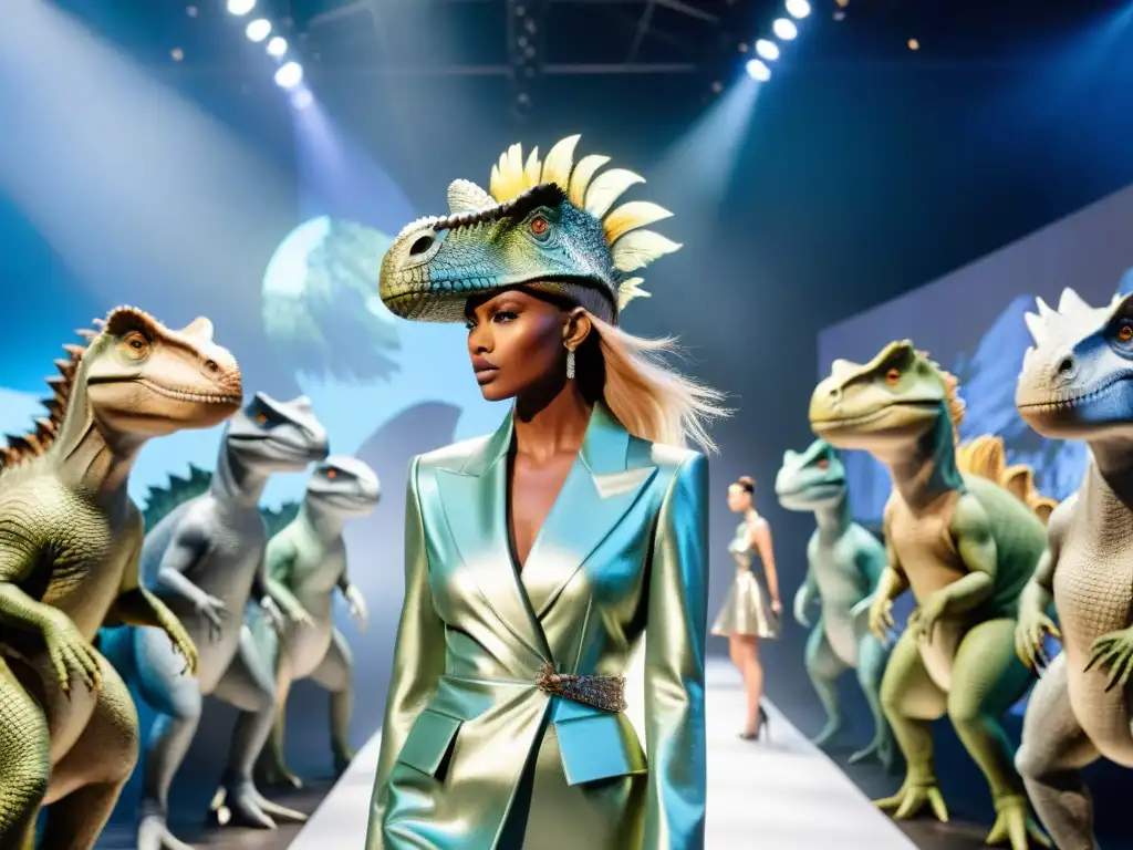 Desfile de moda dinosaurio: fusión evolutiva en la pasarela Deslumbrante desfile de moda con atuendos de dinosaurios en la moda actual, fusionando lo antiguo con lo moderno