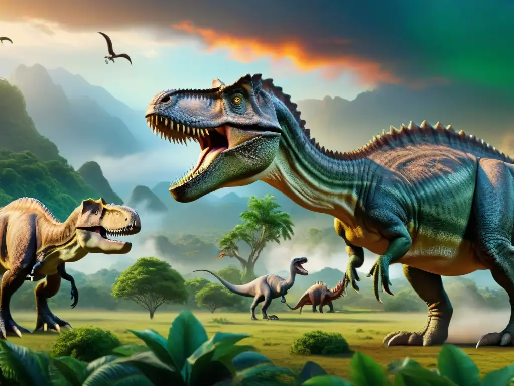 Cortejo y reproducción de dinosaurios: escena detallada Ilustración detallada de dinosaurios en escenas de apareamiento, en un exuberante paisaje prehistórico