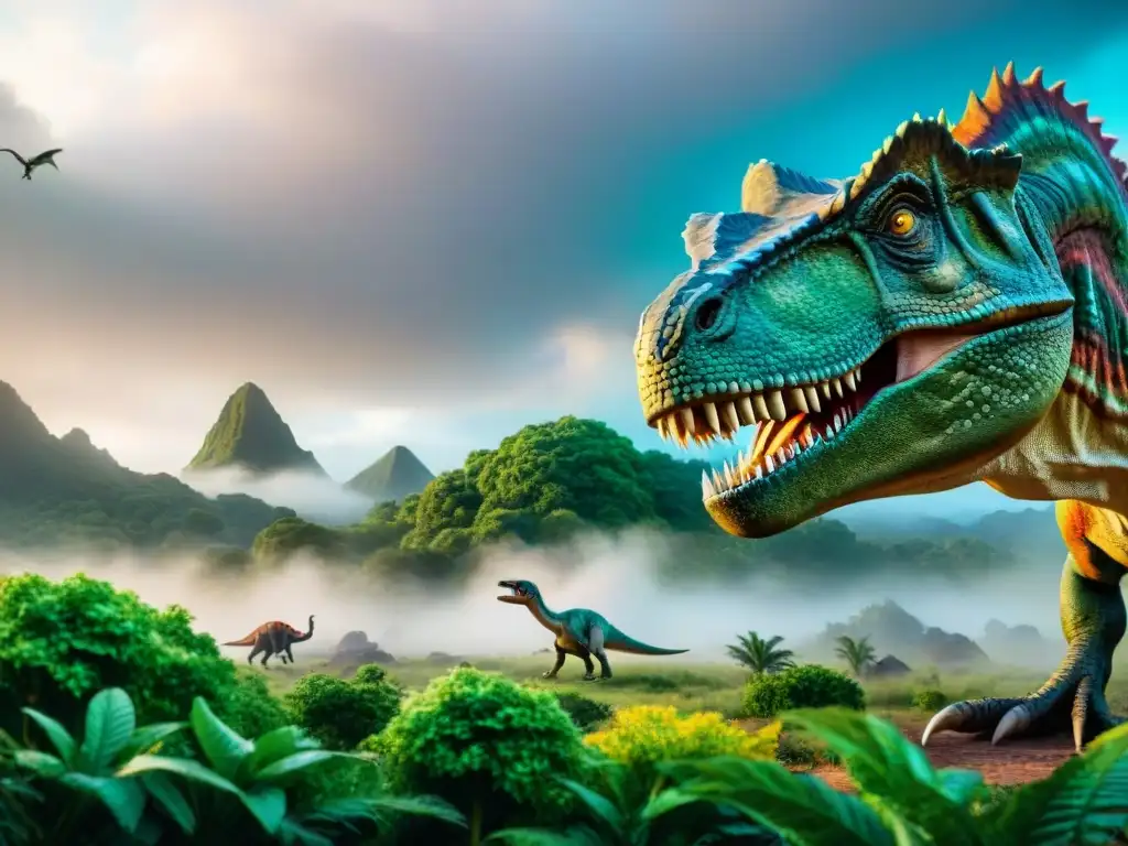 Viñeta épica: dinosaurios en paisaje prehistórico vibrante Ilustración detallada de dinosaurios en la novela gráfica, escena vibrante y emocionante en un paisaje prehistórico