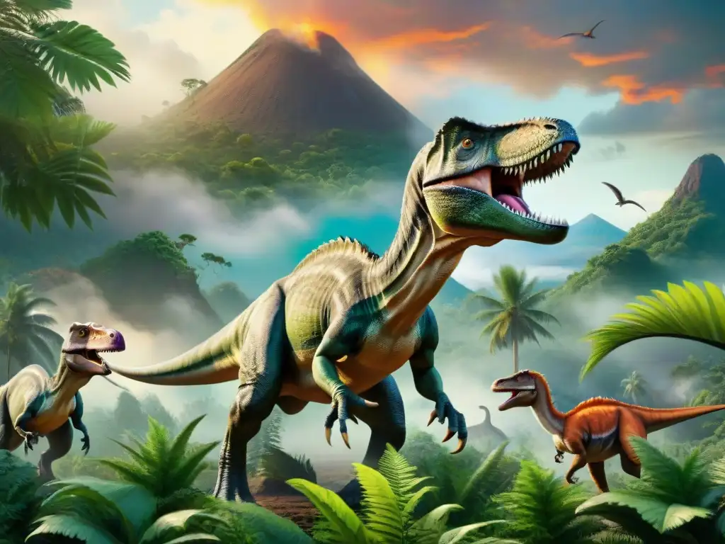 Dinosaurios Comunicándose: Detalles Sorprendentes Un ilustración detallada de dinosaurios comunicándose a través de sonidos, con un Velociraptor, Triceratops y Parasaurolophus