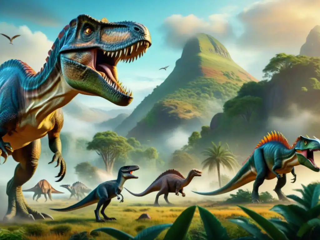 Ilustración detallada de dinosaurios en paisaje prehistórico Una representación detallada de dinosaurios en una vibrante escena prehistórica