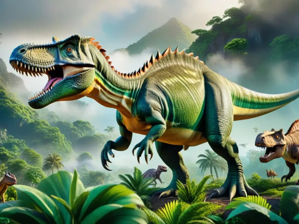 Ilustración detallada de un paisaje prehistórico lleno de dinosaurios Una detallada escena de dinosaurios en la novela gráfica, con paisaje prehistórico vibrante y lleno de vida
