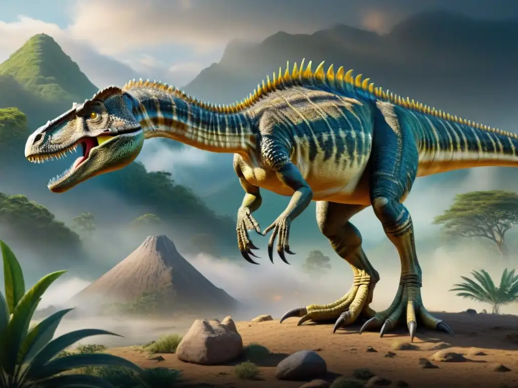 Evolutivo Herrerasaurus: Detalles Anatómicos y Paisajes Prehistóricos Detallada ilustración de la evolución del Herrerasaurus desde sus ancestros hasta sus descendientes actuales