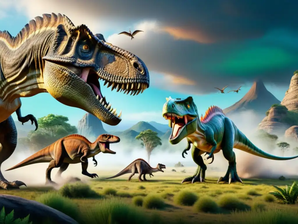 Escena prehistórica: Dinosaurios en interacción social Una detallada imagen de la jerarquía social en manadas dinosaurios, mostrando un paisaje prehistórico lleno de diversidad y interacciones
