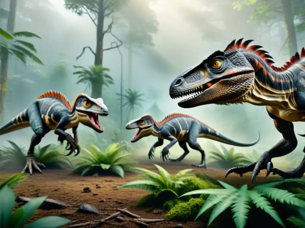 Velocirraptores cazando en manada en un bosque prehistórico Ilustración detallada de manada de velocirraptores cazando en bosque prehistórico