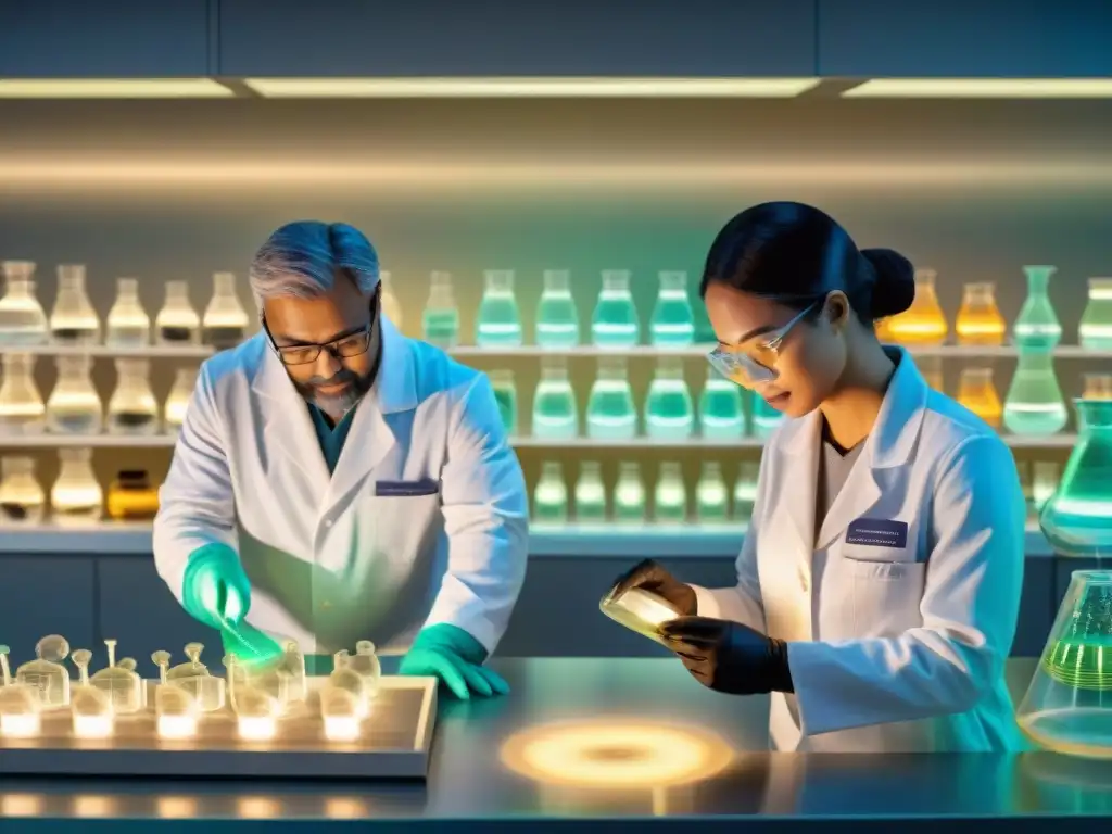 Extracción de ADN de fósil de dinosaurio: avances científicos Ilustración detallada y científicamente precisa de la extracción de ADN de un fósil de dinosaurio en laboratorio de última generación