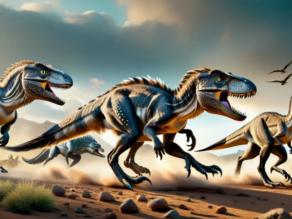 Comparación épica: Velocirraptores vs Ilustración detallada y realista del comportamiento de caza en manada de Velocirraptores comparado con manada de lobos modernos