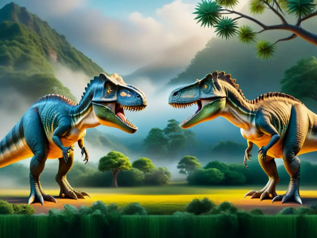 Rituales de apareamiento de dinosaurios: ilustración detallada Ilustración detallada de rituales de apareamiento de dinosaurios, mostrando cortejos, nidos y incubación de huevos en un paisaje prehistórico