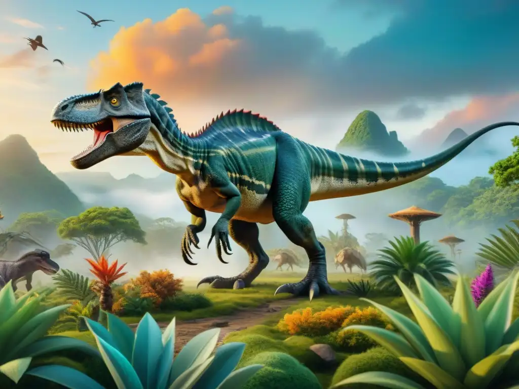 Recreación detallada de terópodos en paisaje prehistórico Ilustración detallada de terópodos como T